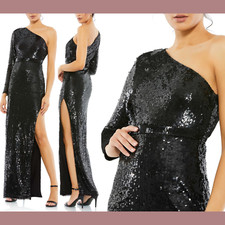 NEW$498 Mac Duggal [ 12 ] Sequin One Shoulder Long sleev Column Gown Black G1412