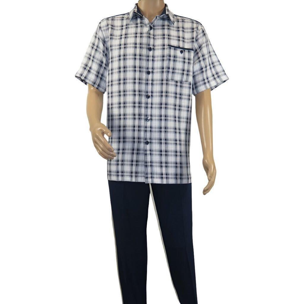 Men 2pc Walking Leisure Suit Short Sleeves By DREAMS Checker 282-01 Navy Blue 23990₽