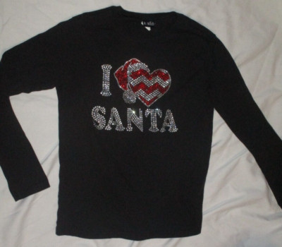 New A Wish By Toni I Love Santa Rhinestone Top Shirt Size 18 Girls NWOT Black