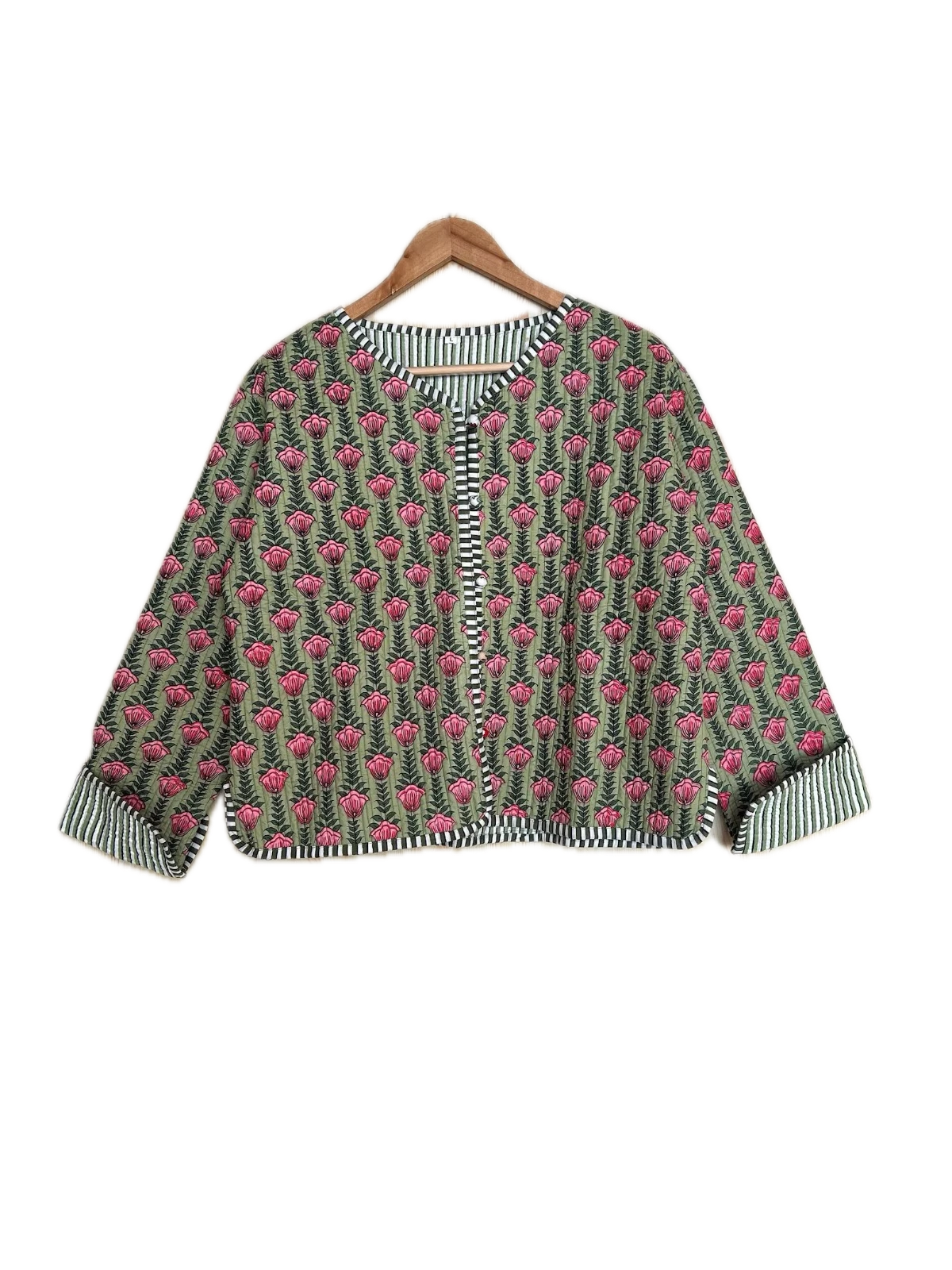 Indian Green Floral Printed Cotton Quilted Unisex Jacket Women's Clothing Jacket