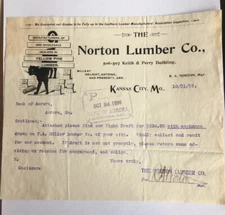 1899 Norton Lumber Co Billhead, Illustrated Cat Letter Ephemera, Kansas City, MO