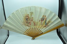Antique Fan Fabric Painted Scene Romantic Stick Wood Collection