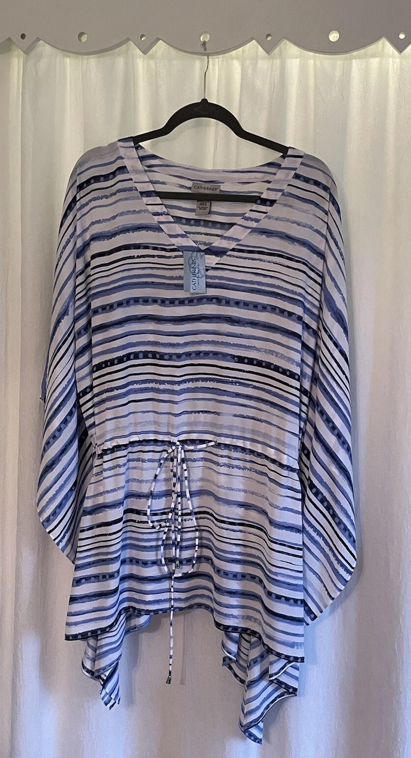 Catherines Women’s 2X 22/24 Blue Striped V Neck Poncho Tunic Top Batwing Sleeve