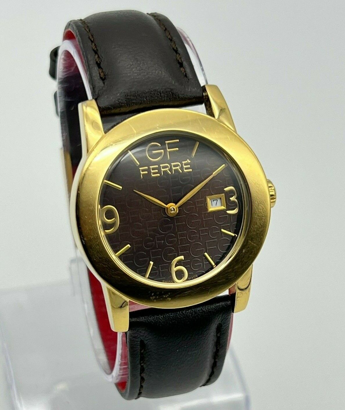Women's GF FERRE Gold Tone All Stainless Steel Black Leather Swiss Watch GF9085L