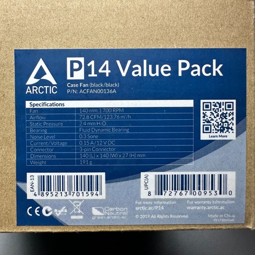 Arctic P14 Value Pack 140mm Computer Case Ventilatori Confezione da 5 Connettore Nero 3 Pin - Foto 6 di 10