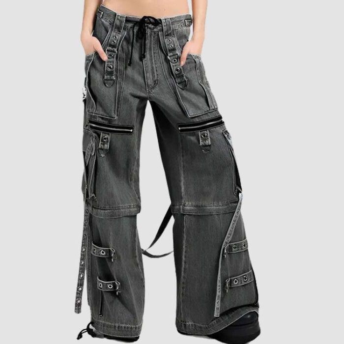Gothic Cargo Pants Men Grunge Baggy Denim Jeans X-Strap Buckle
