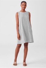 Eileen Fisher Dress Womens XS Gray White Organic Cotton Linen Shift Pockets*N4