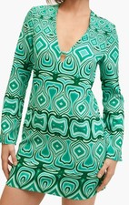 MNG By Mango Groovy Retro Phychedelic Dress Sz 2 Green V-Low Neck MSRP $139