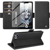 HandyhüLle KlapphüLle Schwarz Leder Mit Schutzfolie Kartenfach FüR Iphone 16E