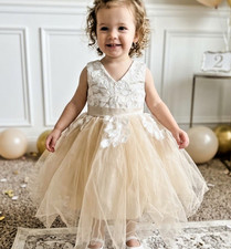 New NWT Toddler Flower Girls Dress Size 2T Tulle Wedding Lace White/Tanish-gold