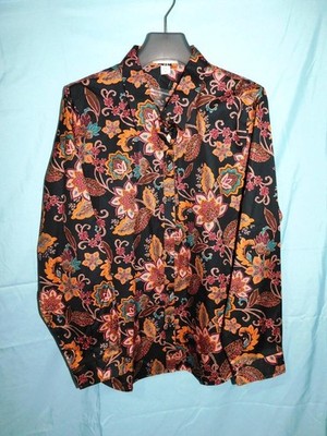 Coldwater Creek Size 16 NEW Black Orange Pink Floral Shirt Long Sleeve Button lg