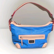 Tignanello Bright Blue Pebbled Leather bag with Beige Trim. Medium Sized