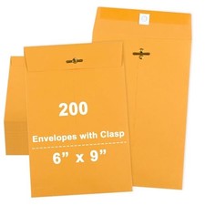 200 Pcs 6 x 9 inch Clasp Manilla Envelopes with Gummed Seal, Small Mailing