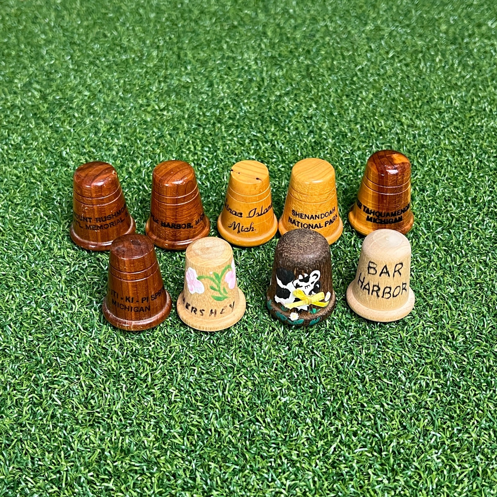 Lot of 9 Vintage US State Wooden Souvenir Thimbles