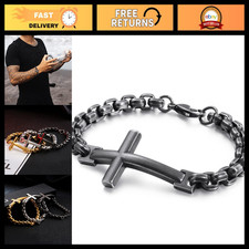 Men's Stainless Steel Christian Cross Bracelet, 8.7" Link Chain with Lobster Cla