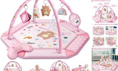 Baby Gym Play Mat, 8-in-1 Tummy Time Mat & Ball Pit with 6 Toys, Washable Baby
