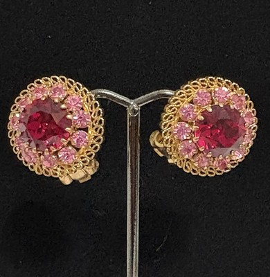 Vintage 1950s Austrian Pink Purple Rhinestone Cluster Statement Clip On Earrings