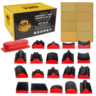 Dura-Gold 20-Piece Contoured 5'' Hand Sanding Block Set, 40 Hook & Loop Sandpaper