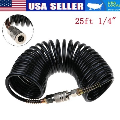25ft 1/4'' Air Hose Recoil Spring Ends Pneumatic Compressor Quick Coupler New