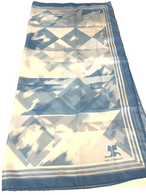 VTG COURREGES Paris 100% Silk Scarf Blue White 70's Handsewn Rolled Hem 34 x 34