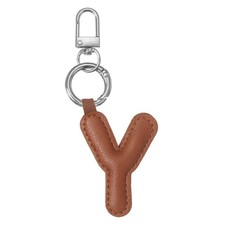 Initial Letter Keychain Cute Leather Keychains with Letter Y Brown