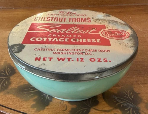 Sealtest Chestnut Farms DC Fire King Jadeite Green Cottage Cheese Bowl with Lid