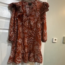 Sugarlips Rust White Floral V-Neck Long Sleeve Button Front Ruffle Dress L