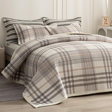 Cotton Plaid Quilt Set Ultra Soft 3 Pieces Queen Size Bedding W/ 2 Pillow Shams