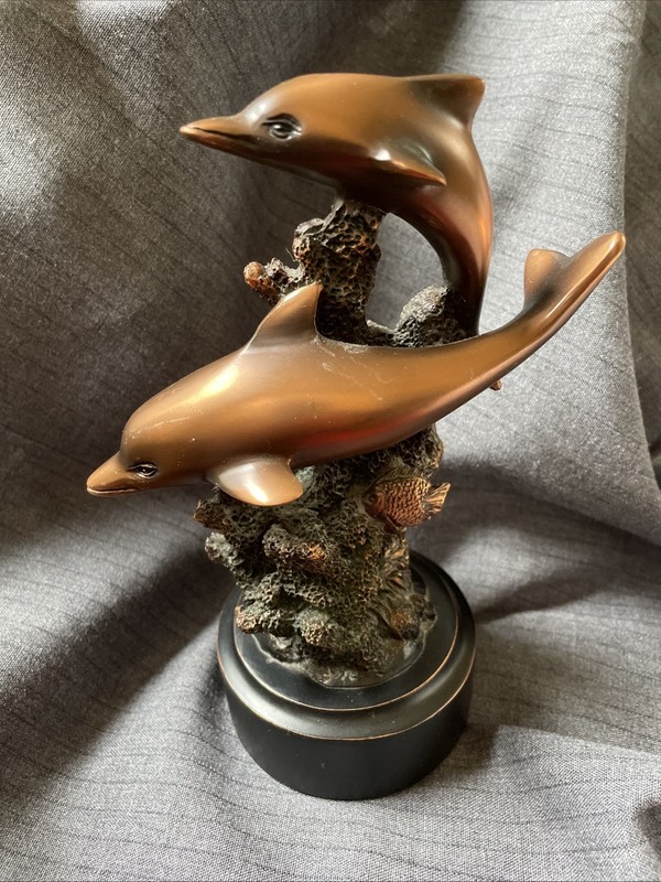 Bronze Electroplated Resin Figurine 2 Dolphins Swimming Around A Coral Reef. 7"