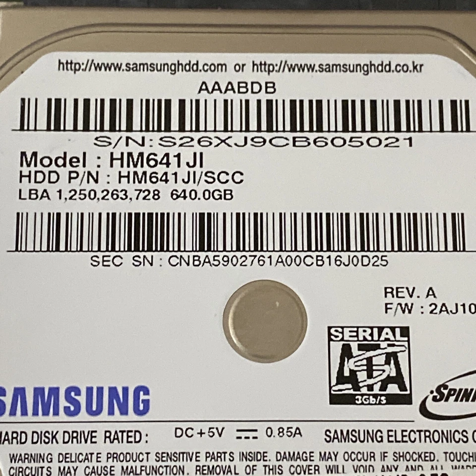 Samsung HM641JI/SCC pn: HM641JI Model NP300V5A-A02US 640GB 2.5" SATA - Image 3 of 4