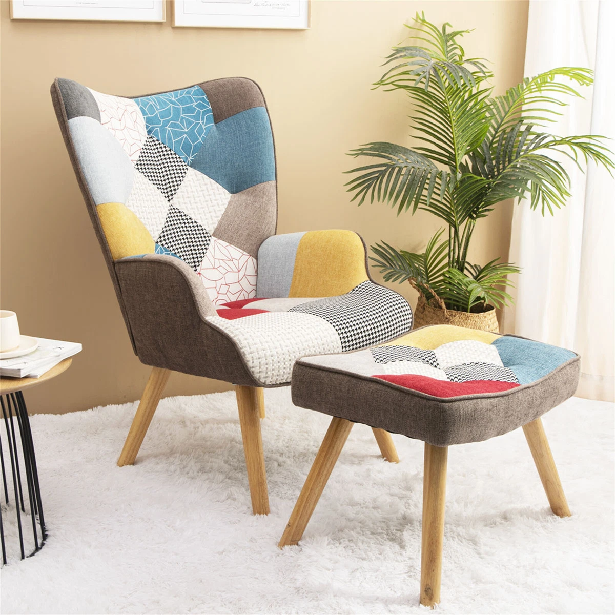 Linen Accent Chair Arm Pub Chair with Ottoman Modern Barrel