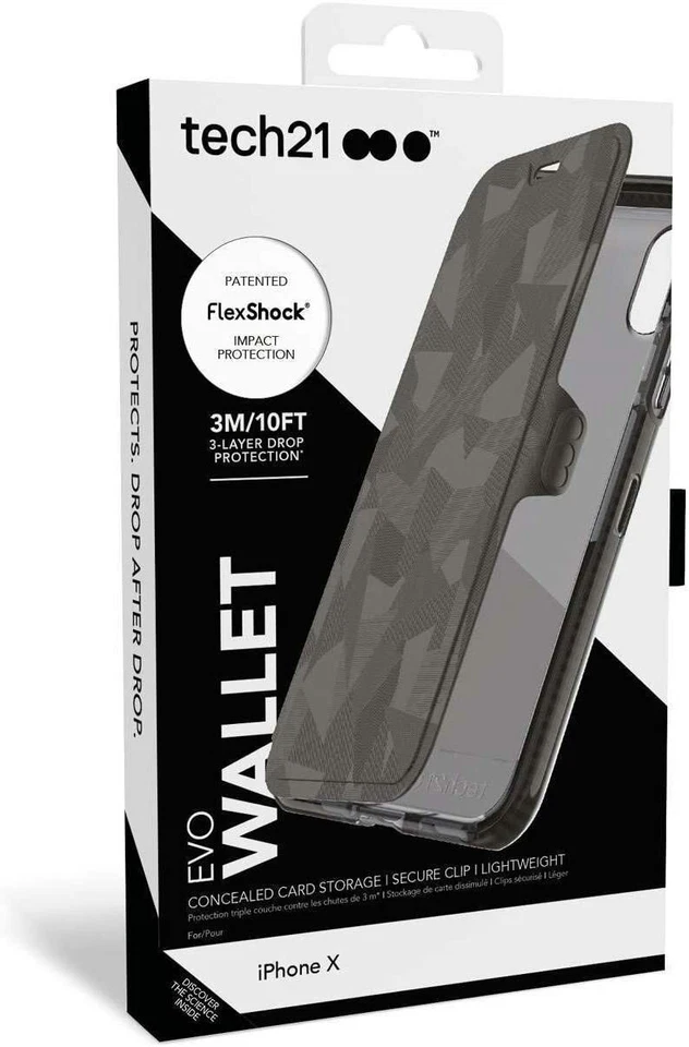 Open Box Tech21 Evo Wallet Case Cards Storage Apple iPhone X/XS Black Camo Grey - Image 2 of 3