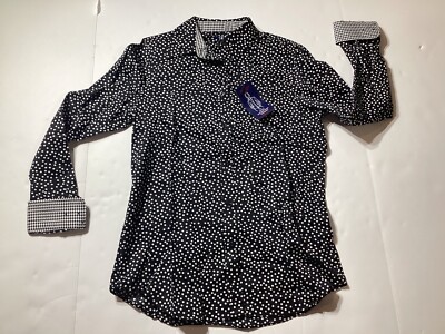 Women s CHAPS NO IRON BLACK WHITE POLKA DOT  BUTTON-UP TOP SHIRT SZ SMALL NEW