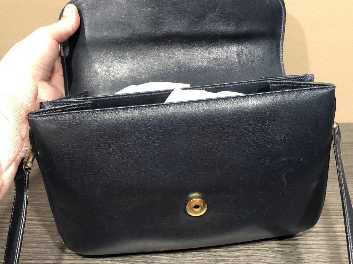 Vintage Mark Cross Navy Leather Medium Crossbody Purse Bag Padlock Closure