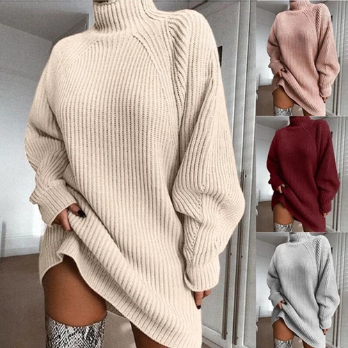 Elegant Women Turtleneck Oversized Knitted Dress Long Sleeve Mini Sweater Dress - Picture 2 of 19