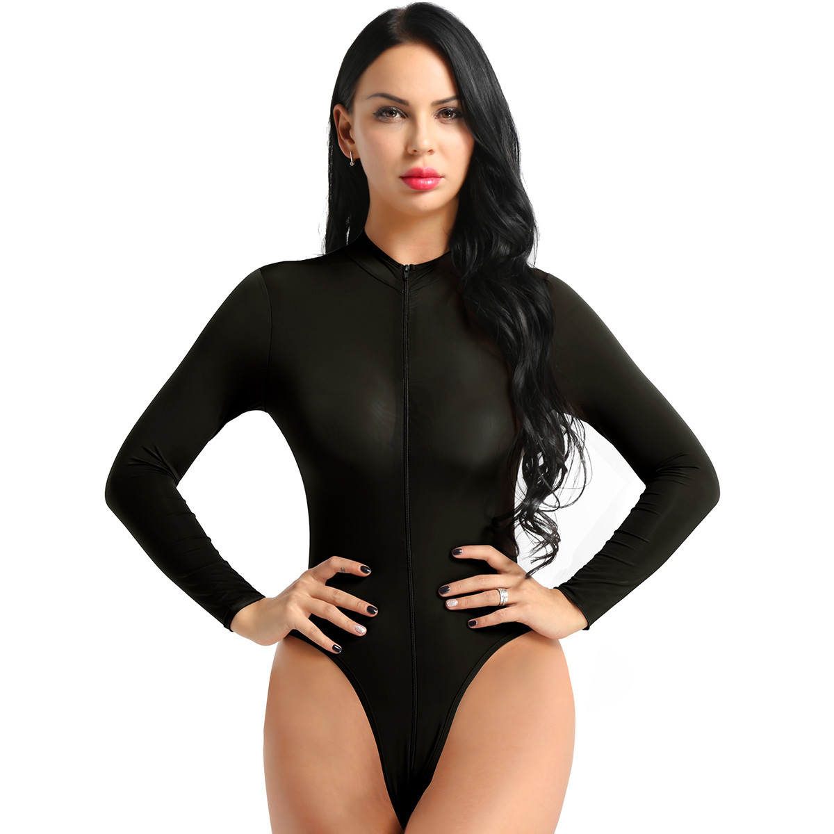Womens Long Sleeve Mesh Zip Thong Leotard Bodysuit Body T-shirt Party Top  Blouse | eBay