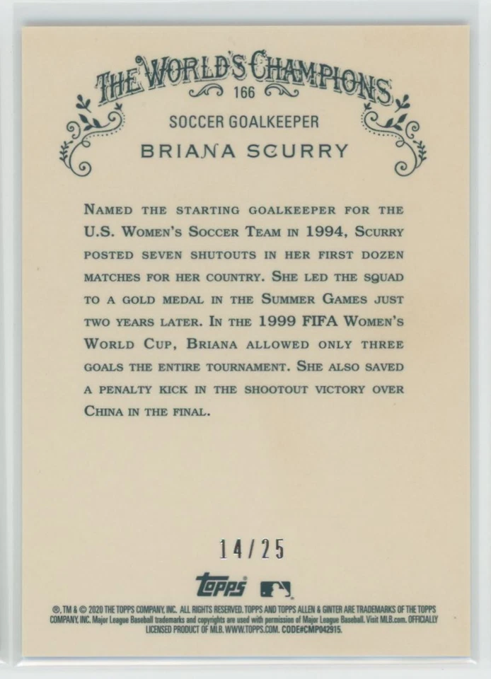 2020 Topps Allen & Ginter Chrome Orange Refractor Briana Scurry 14/25 #166 - Image 2 of 2