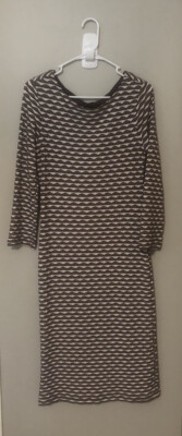 Sharagano Sz 10 Textured Stretch Knit Sheath Dress Brown & White Long Sleeve #G