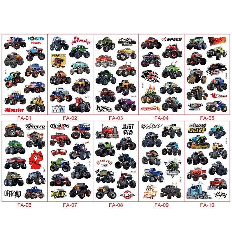 10 X Kids Trucks Temporary Waterproof Tattoos Stickers Removable US (FA)