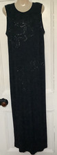 Roots Long Black Beaded Evening Dress with Back Slit & Zip Fastening Size 18