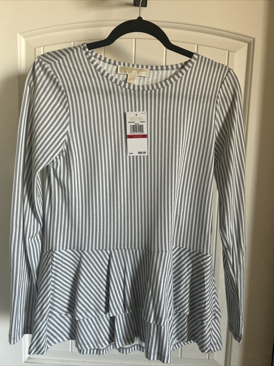 Michael Kors Blue White Striped Peplum Top Xs Long Sleeve Ruffle Cotton
