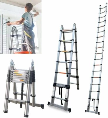 AUTOFATHER 2024 5M Multi-Purpose Steel Folding Telescopic Ladder A Frame Extendable Step UK