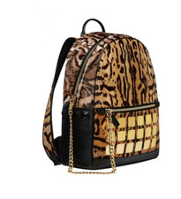 Mcm Leopard Print Calfskin Large Backpack With Gold Plated Accents