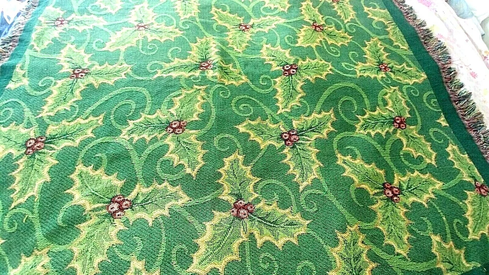 Tapestry Holly leaves Throw Blanket w Gold metallic threads Fringe 51' x 63" - Image 3 of 4