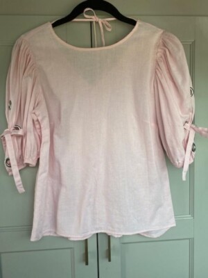 ZARA BASIC z1975 DENIM Pink Linen Blend Top With Grommets Back Tie Size S