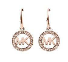 NEW MICHAEL KORS ROSE GOLD TONE PAVE CRYSTAL MK LOGO DISC HOOK EARRINGS MKJ4796