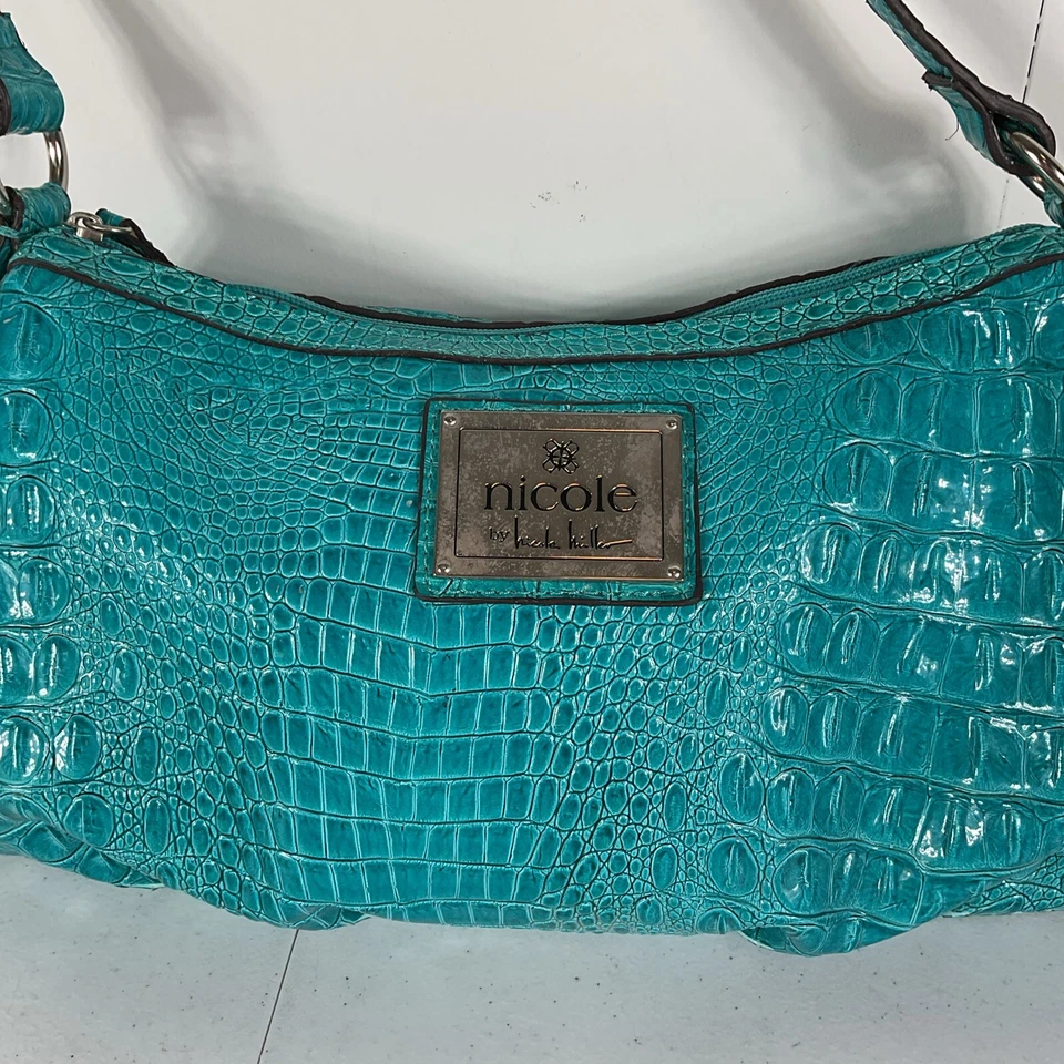Bolso de Hombro Y2K Nicole Miller Cartera Imitación Caimán Cocodrilo Verde azulado Foto 2 de 4