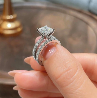 2.19Ctw Princess Cut Moissanite Bridal Set Engagement Ring Solid 14k White Gold