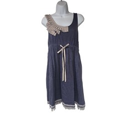 Eloise Anthropologie Blue Slub Knit Ruffle Dress Drawstring Waist Boho Large