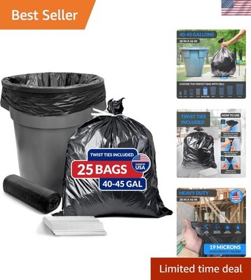 45 Gallon Trash Bags Heavy Duty 25 Count | Black | Twist Ties Included | Extr...